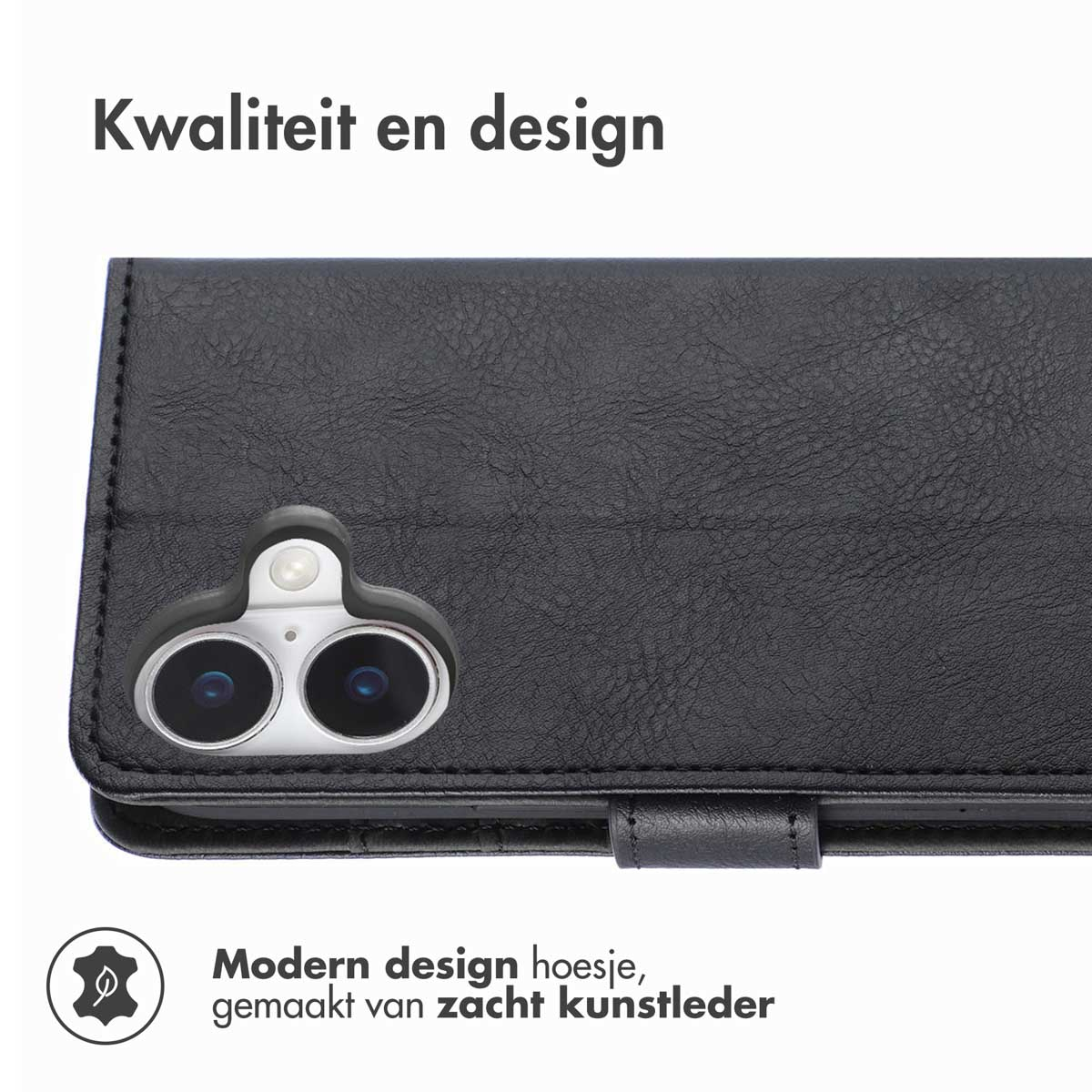 Étui de téléphone en cuir noir avec téléphone à l'intérieur, montrant le design et la fermeture magnétique.