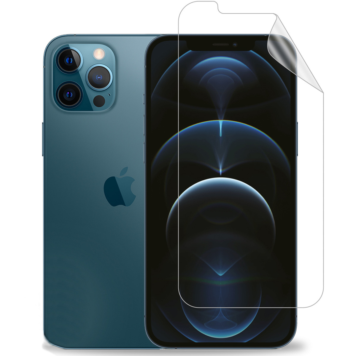 Blauwe iPhone met schermbeschermer, achterkant van een andere iPhone.