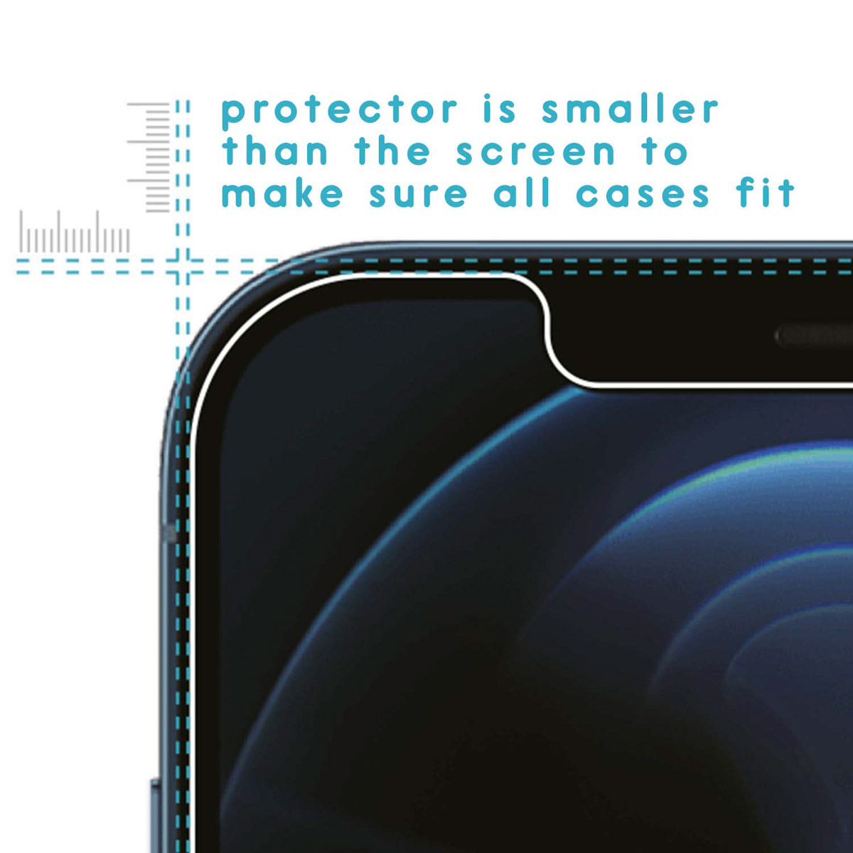Een telefoon met een schermbeschermer. De beschermer is kleiner om in alle hoesjes te passen.