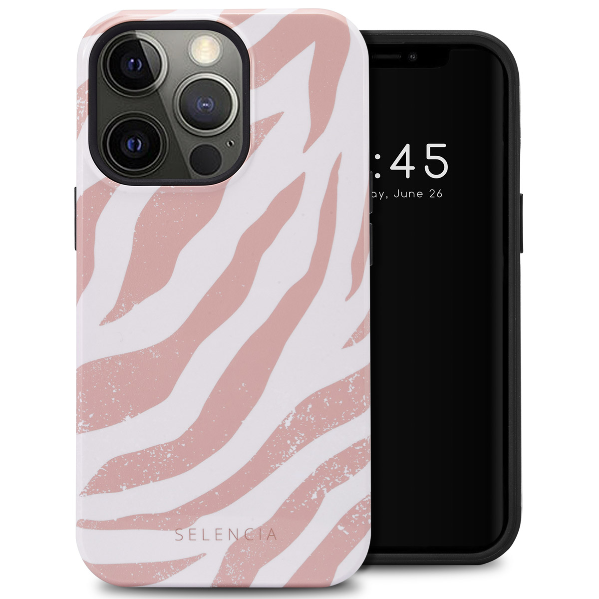 Wit en roze zebra telefoonhoesje met een telefoon. De hoes heeft een zebrapatroon.