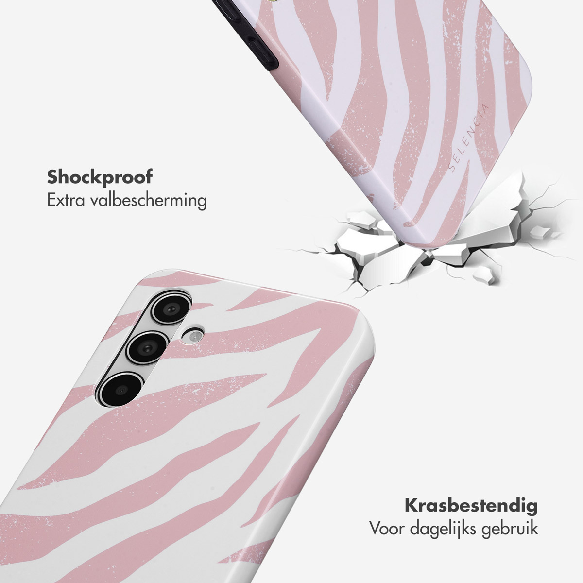 Telefoonhoesje met een zebrapatroon en een telefoon in de hoes. De hoes is schokbestendig.