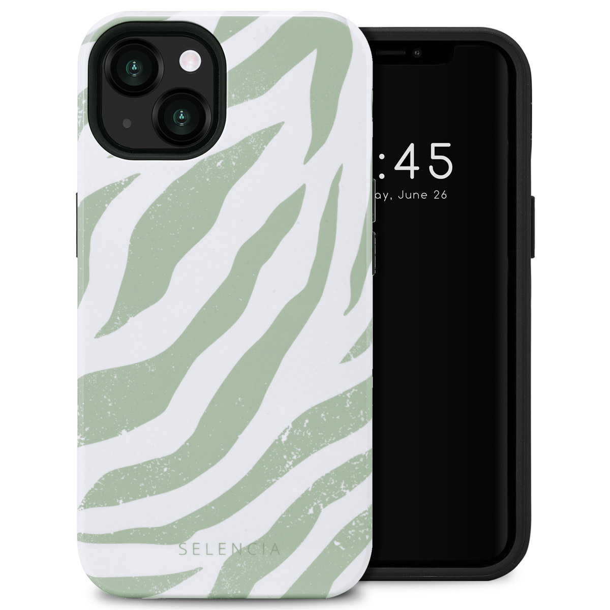 Téléphone avec une coque à imprimé zèbre blanc et vert. Téléphone noir, fond blanc.