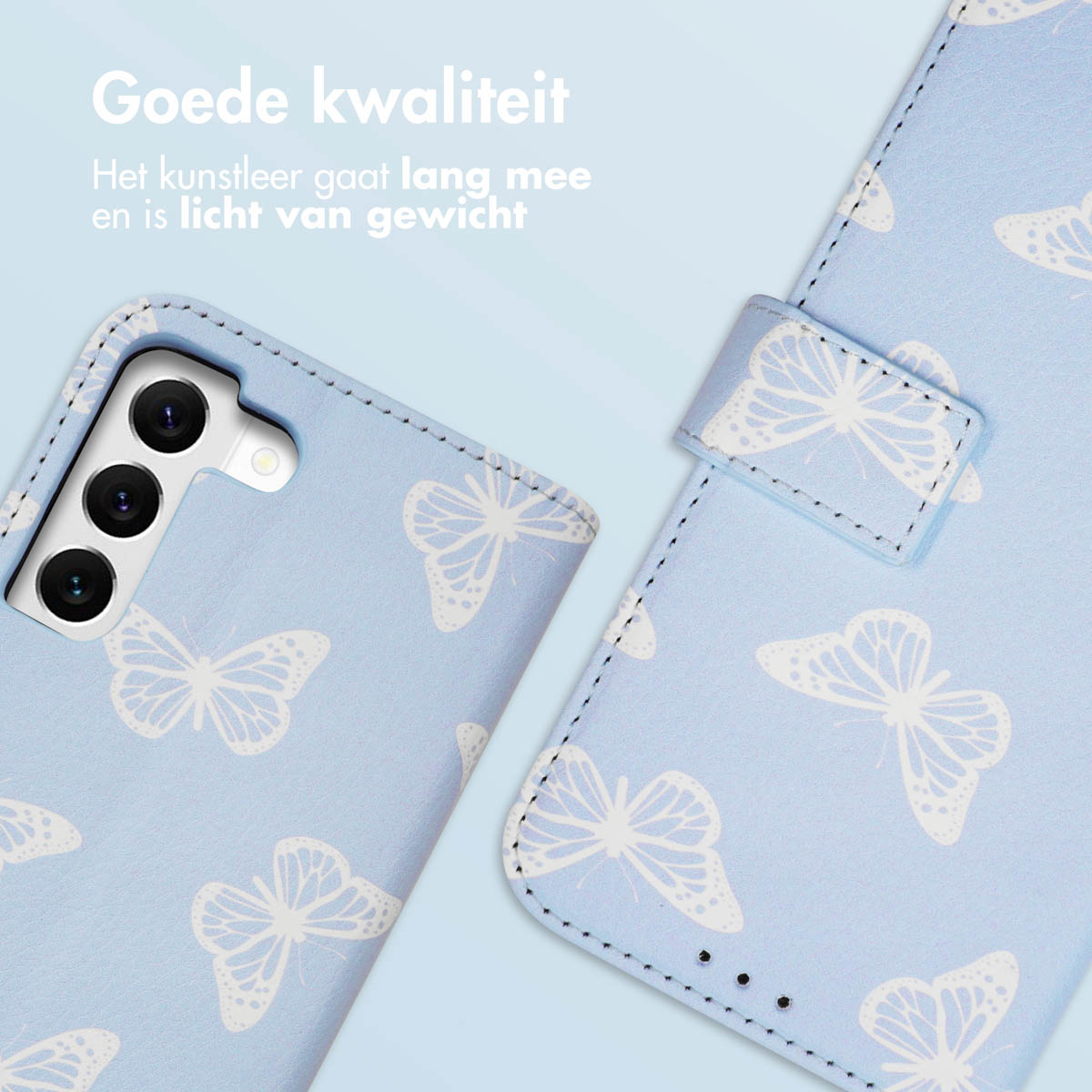 Coque de téléphone bleu clair à motif papillon blanc. Téléphone et coque visibles.