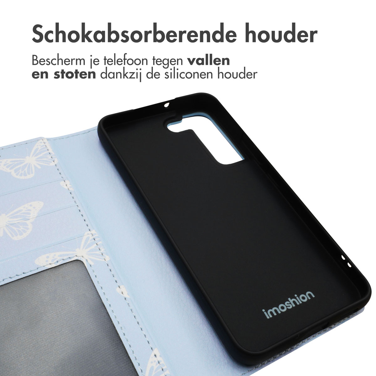 Coque de téléphone ouverte, intérieur bleu avec motif papillon. Texte : Support amortisseur. Protège le téléphone des chutes.