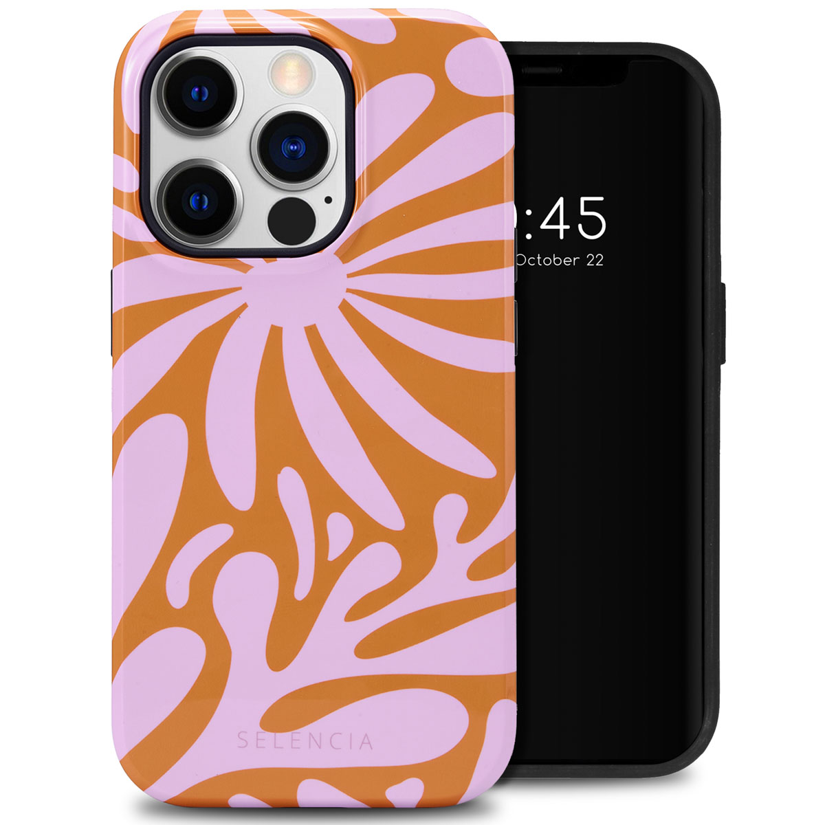 Telefoonhoesje met bloemenontwerp. De hoes is oranje en roze. De telefoon heeft drie camera's. Selencia staat op de hoes.