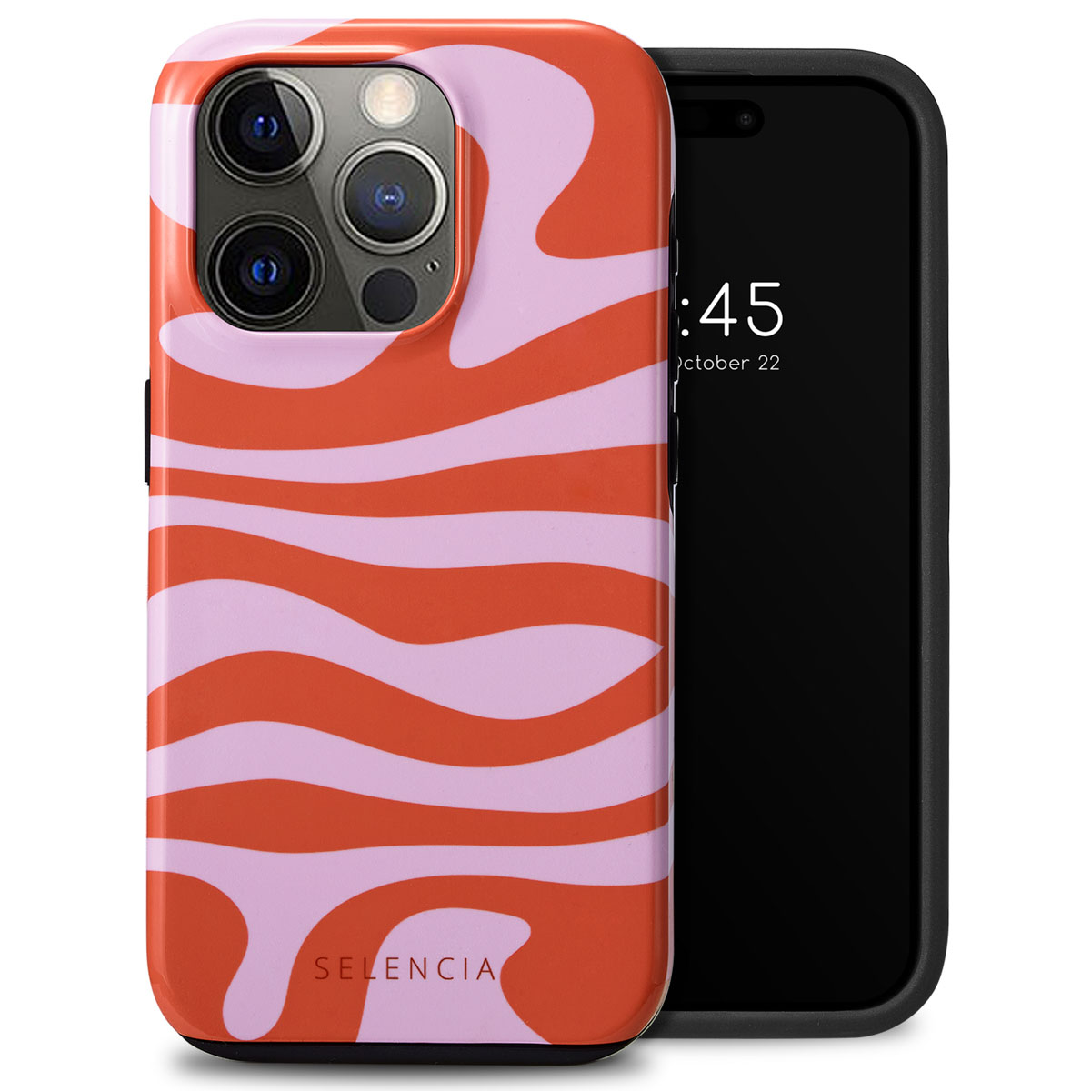 Telefoonhoesje met rode en roze golfstrepen. De telefoon is zwart. Selencia staat op de hoes.