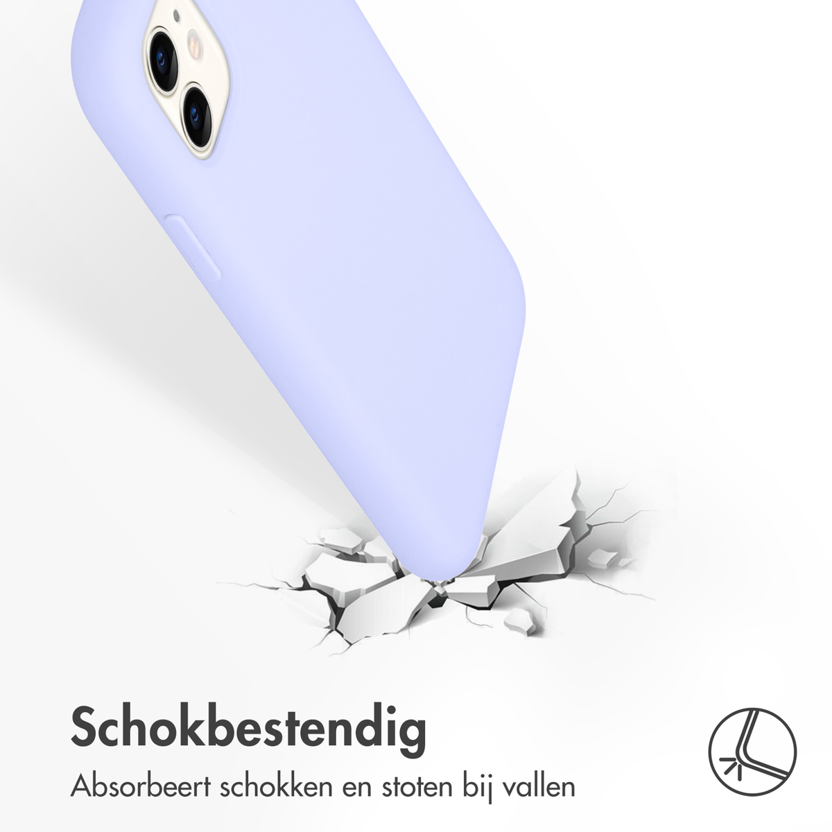Impact van de telefoonhoes. De telefoonhoes is violet en de grond eronder barst, wat schokbestendigheid aantoont.