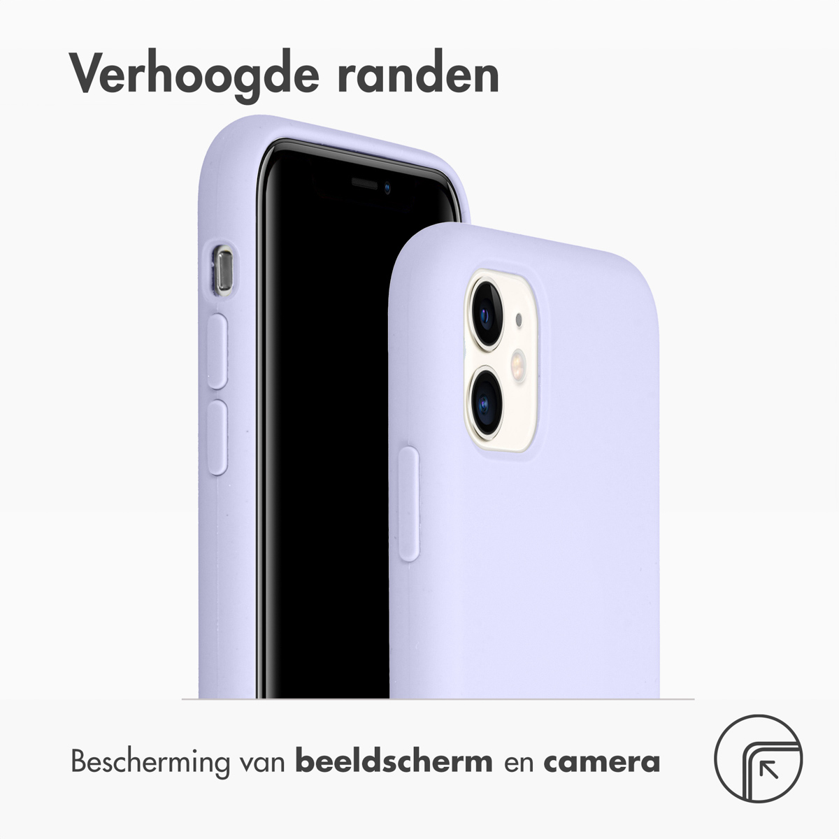 Twee lavendelkleurige telefoonhoesjes, één op een telefoon met zwart scherm, de andere ernaast.