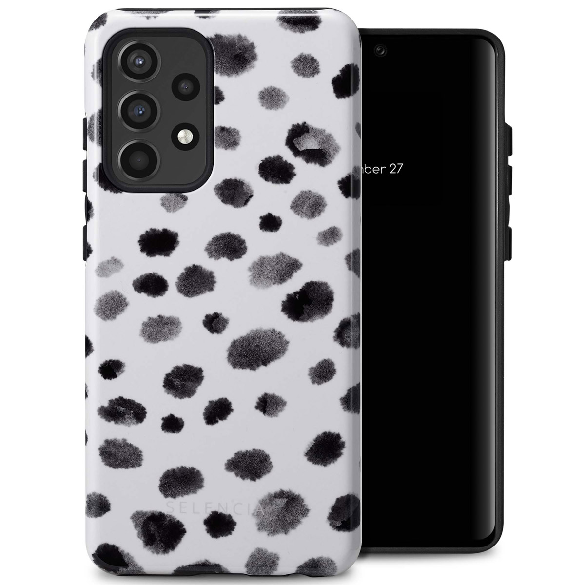 Witte telefoonhoes met zwarte vlekken op een telefoon. Een zwarte smartphone ernaast.