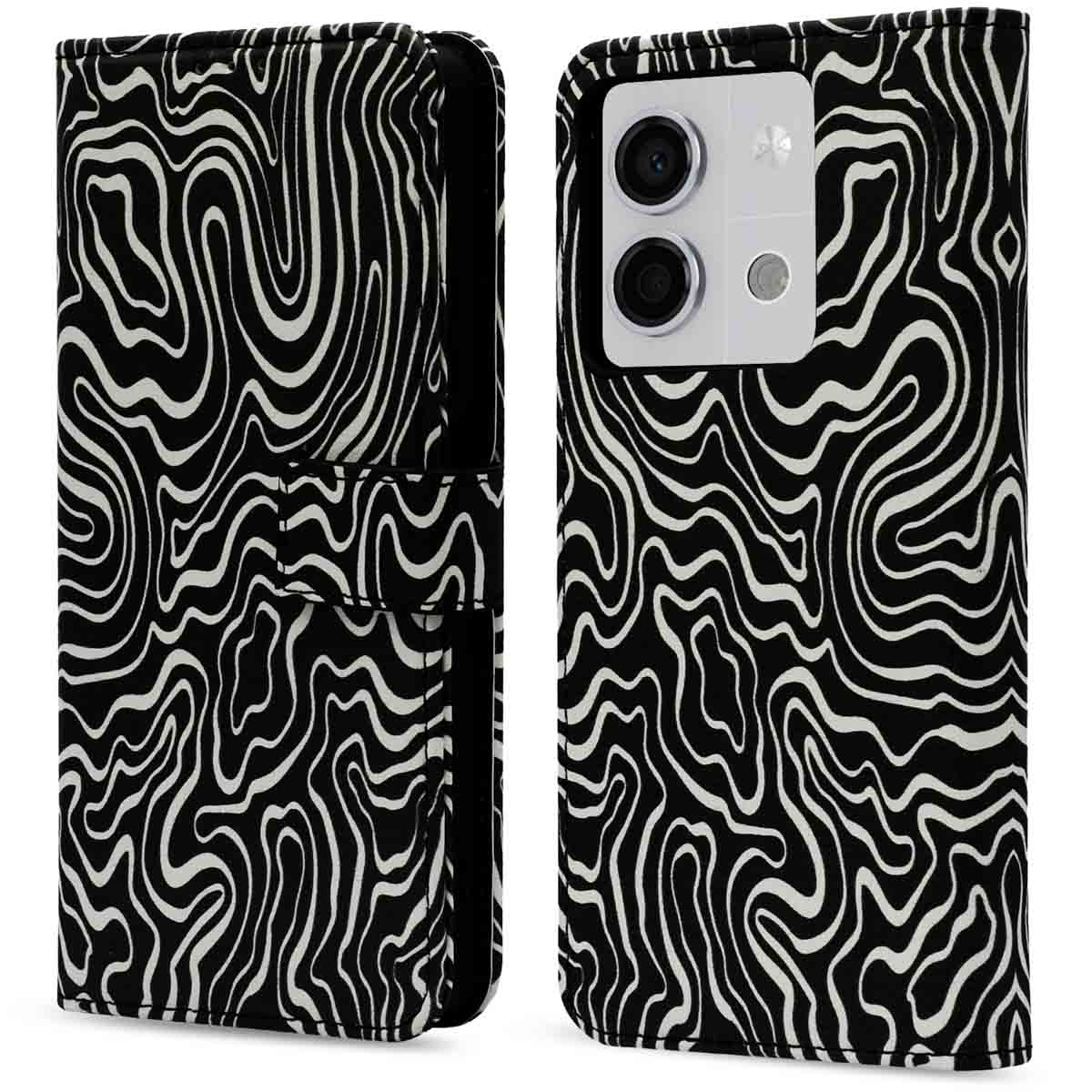 Zwart-wit golfpatroon telefoonhoesje, met telefoon erin. Gesloten en open weergave.