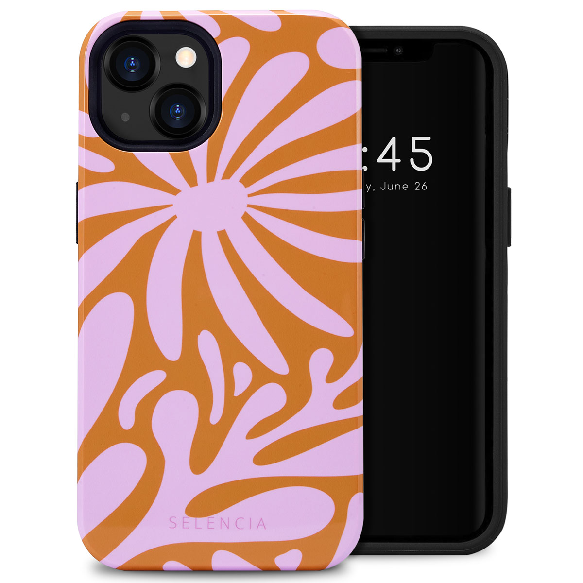 Telefoonhoesje met oranje en roze abstract design. De telefoon staat ernaast. Tekst zegt Selencia.
