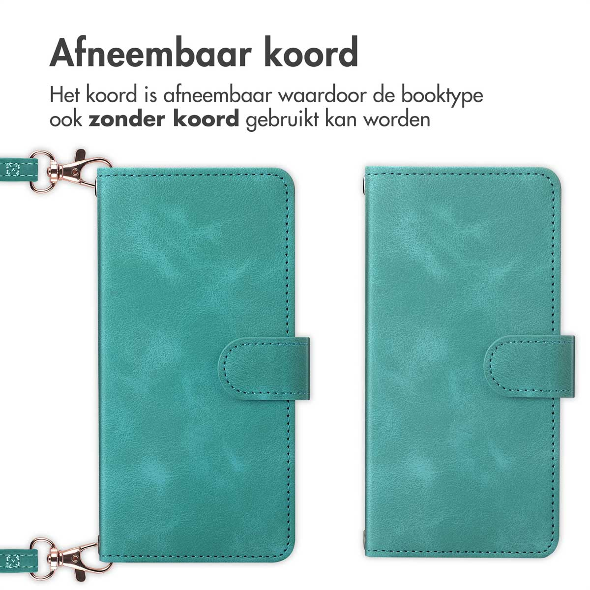 Blauwgroene telefoonhoes met een afneembaar koord. De telefoonhoes wordt links en rechts getoond.