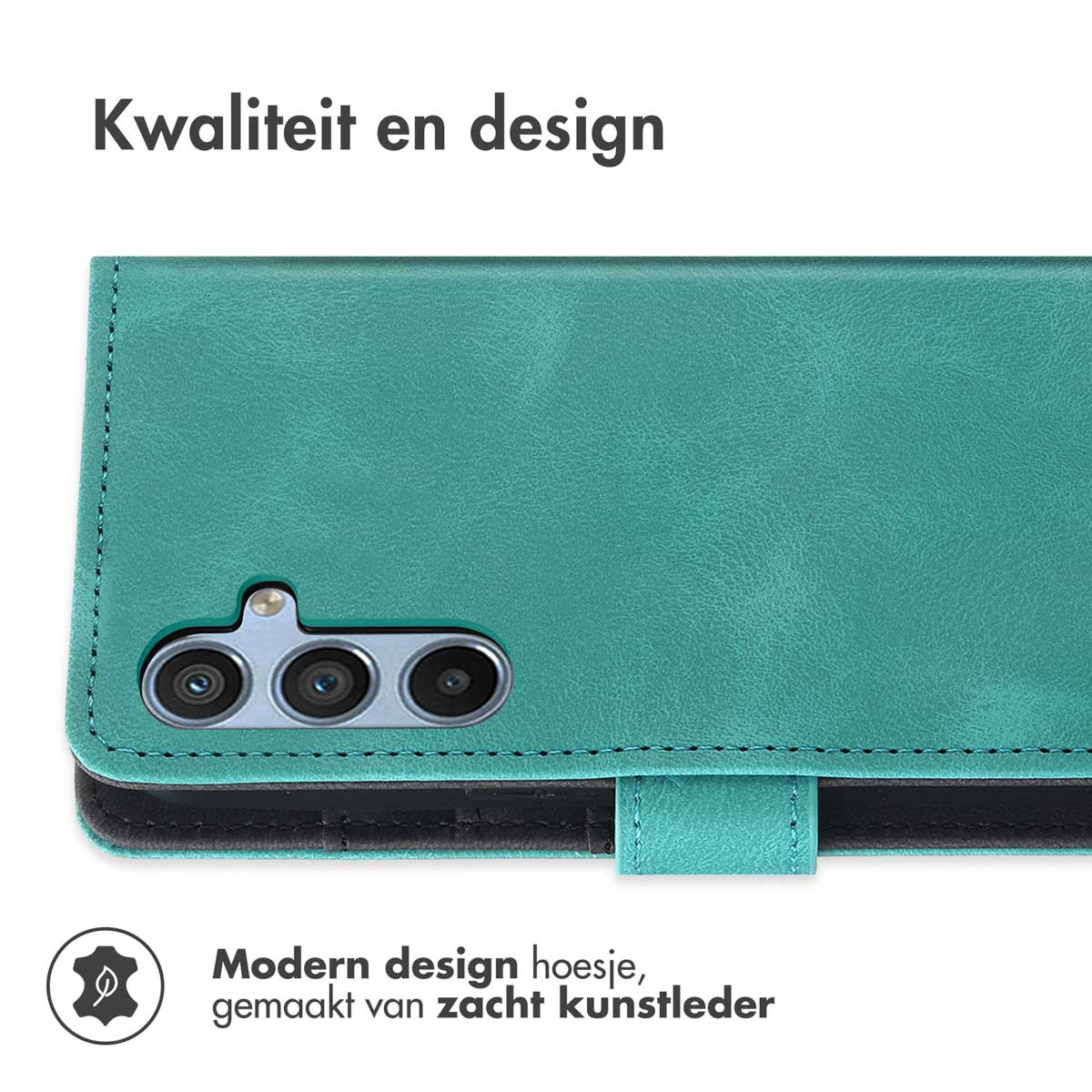Groen telefoonhoesje met telefoon erin. Tekst: Kwaliteit en design. Tekst: Modern design hoesje, gemaakt van zacht kunstleer.