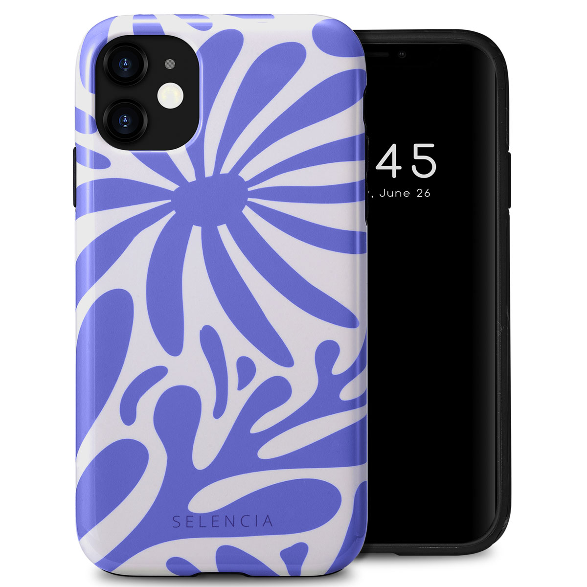 Coque de téléphone avec motif floral bleu et blanc. Écran du téléphone visible. Logo SELENCIA en bas.