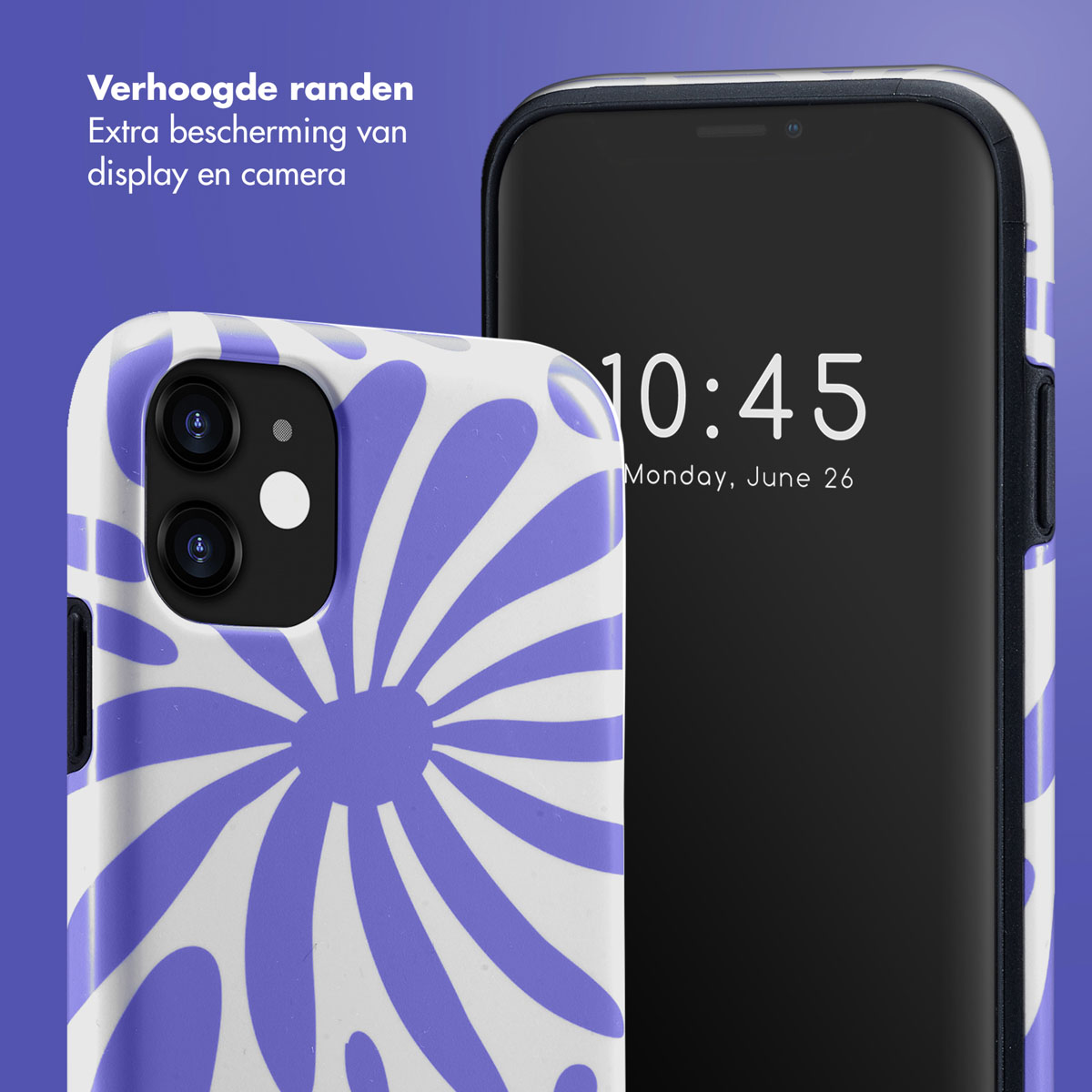 Étui de téléphone avec un motif floral blanc et violet. Le texte dit 'Verhoogde randen' et '10:45'.