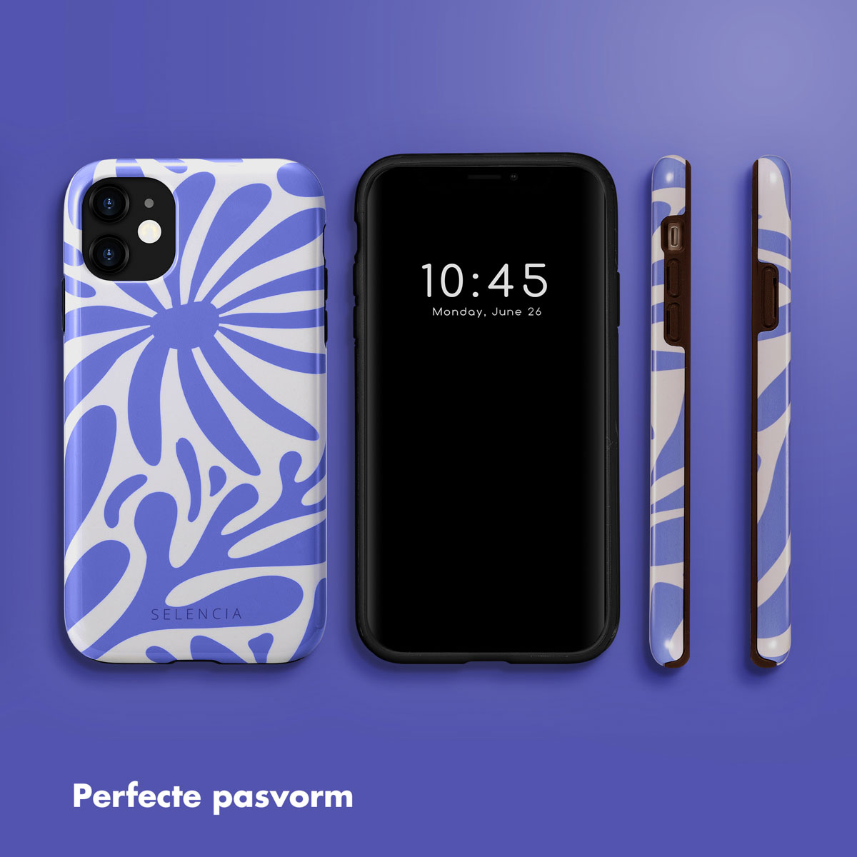 Coque de téléphone avec un design bleu et blanc. Un téléphone est à l'intérieur de la coque. Texte : Ajustement parfait.