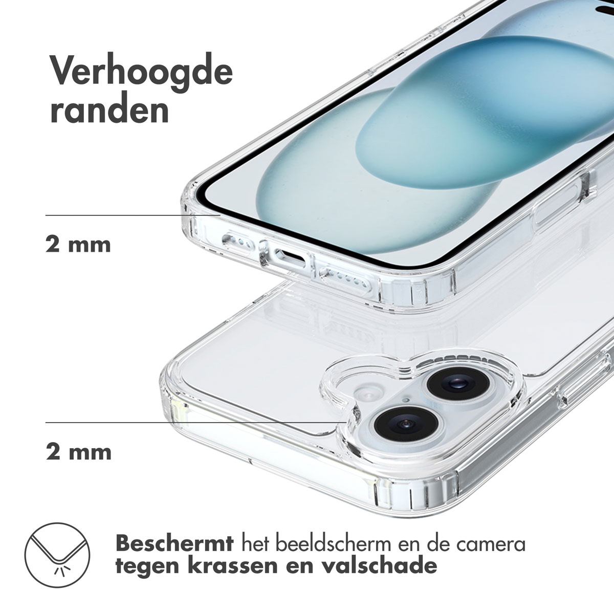 Een doorzichtig telefoonhoesje wordt bovenop een ander hoesje weergegeven. Beide hoesjes hebben verhoogde randen.