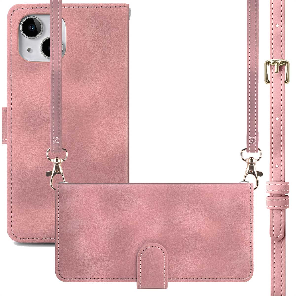 Roze telefoonhoesje met een riem. Het hoesje heeft een riem en is open. De telefoon zit niet in het hoesje.