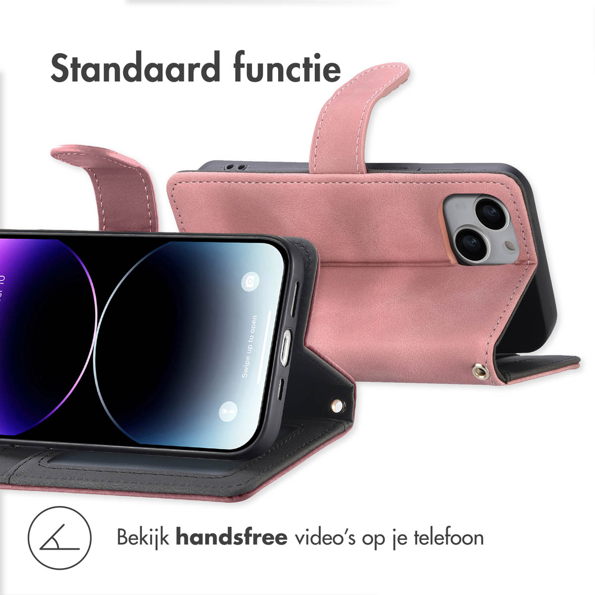 Telefoonhoes met telefoon erin en open klep, roze kleur. Tekst: Standaard functie. Toont handsfree video kijken.