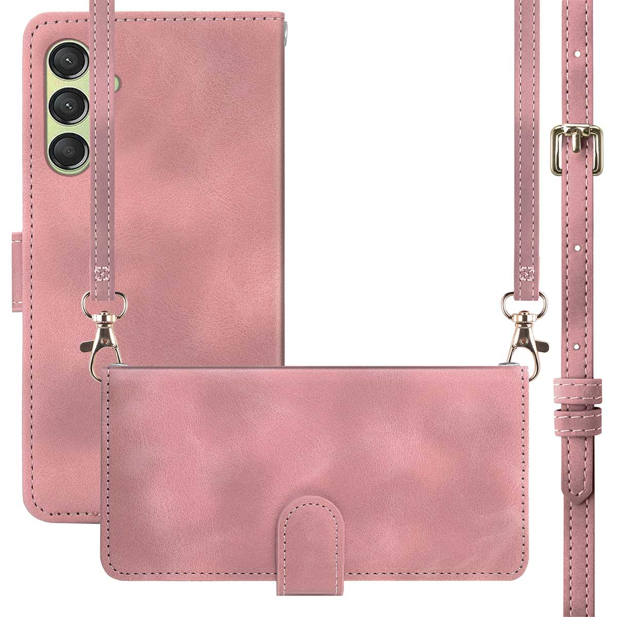 Roze telefoonhoesje met bandje en kaarthouder. Telefoon is binnenin zichtbaar.