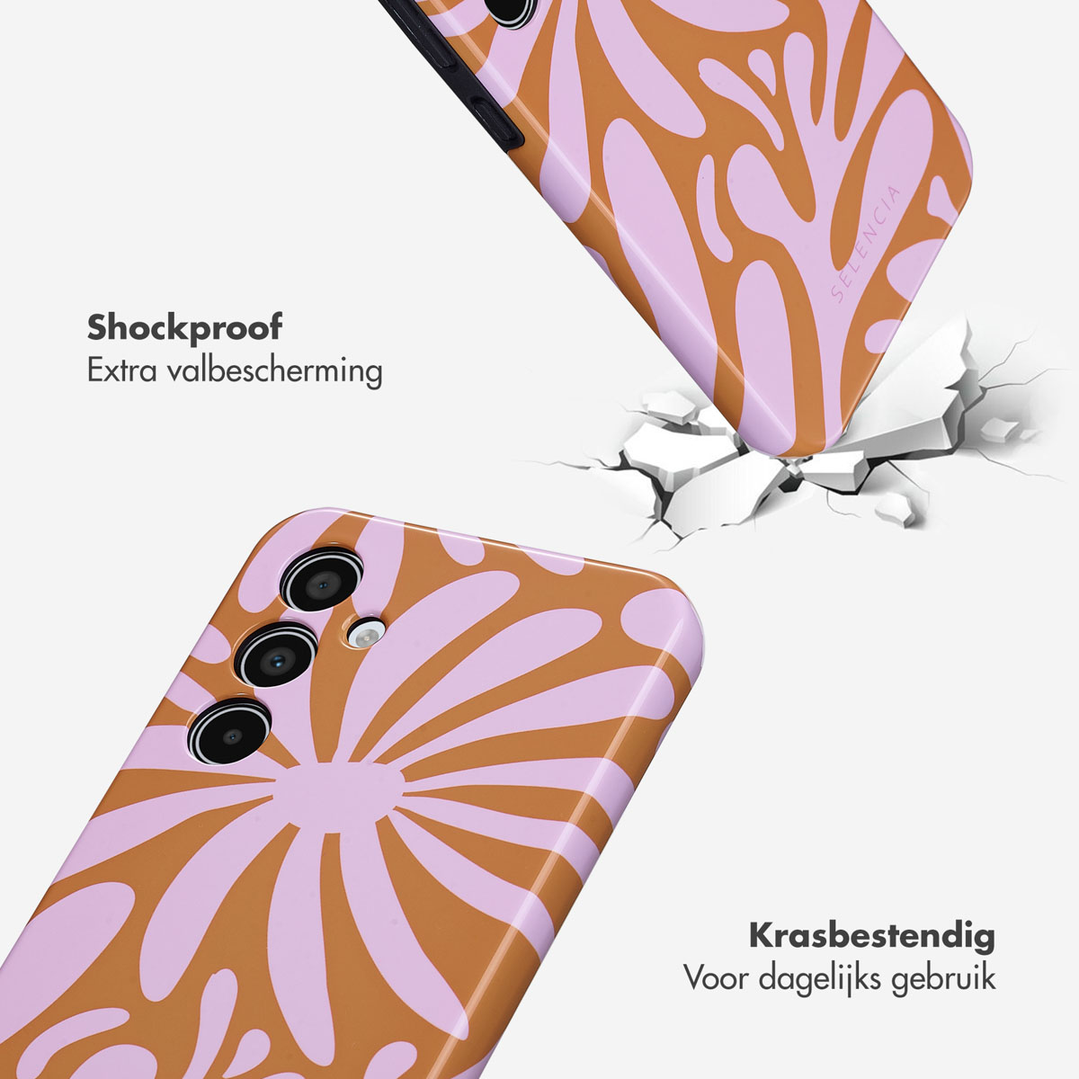 Coque de téléphone avec un motif floral rose et orange. Fond blanc avec des fissures autour de la coque.