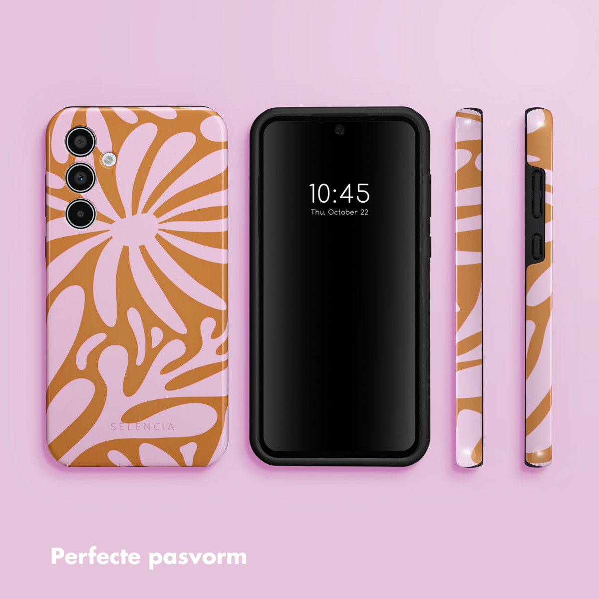 Téléphone avec un étui floral en orange et rose. Trois vues du téléphone. Texte : Ajustement parfait.