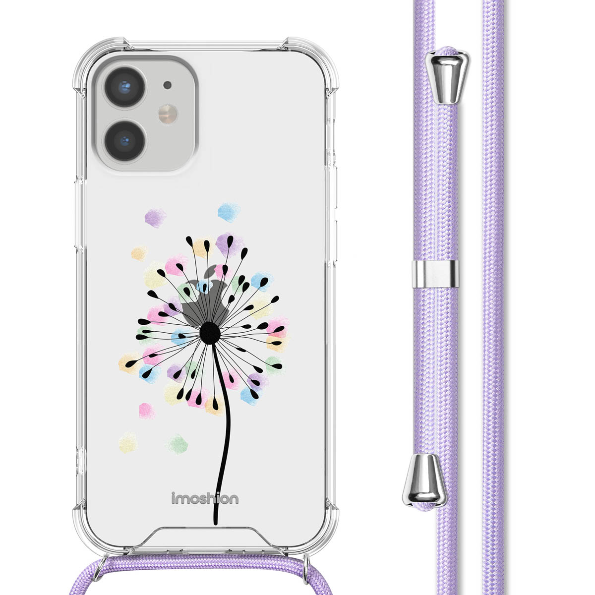 Coque de téléphone avec un motif de pissenlit et une sangle violette. Il y a un téléphone à l'intérieur. Un design floral coloré.