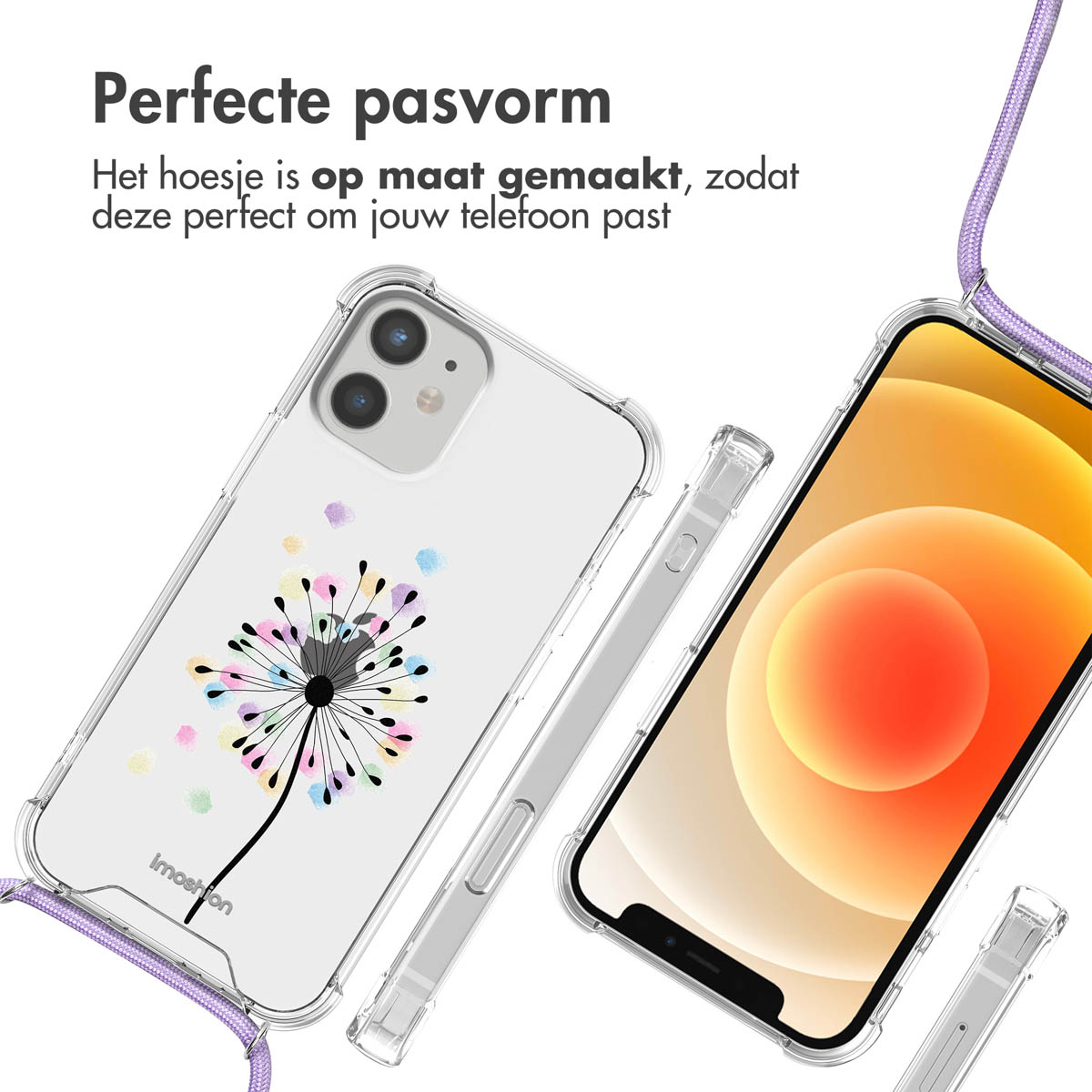 Coque transparente avec motif pissenlit, téléphone visible et lanière violette.