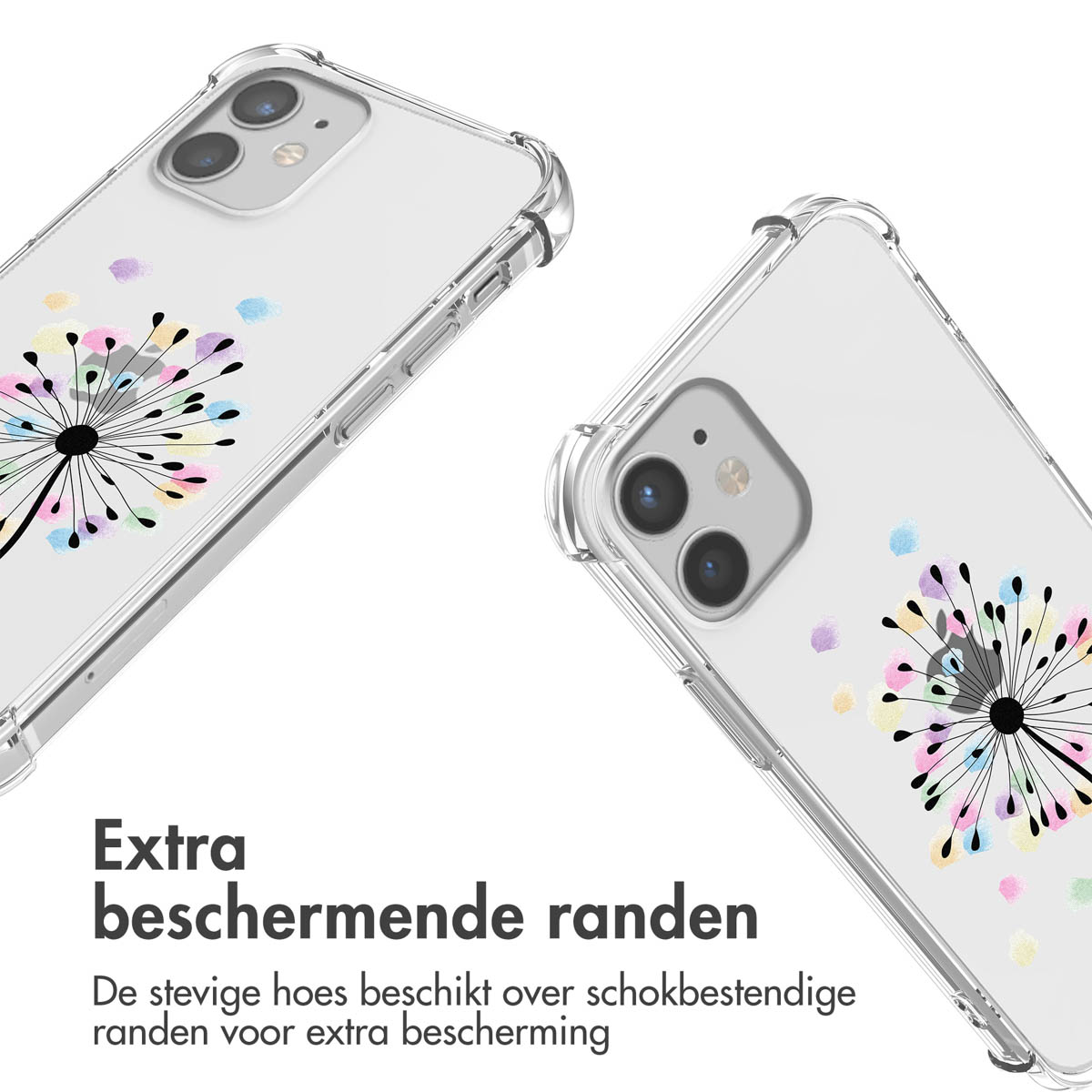 Coques de téléphone transparentes avec des motifs de pissenlits colorés. Les coques sont en biais.
