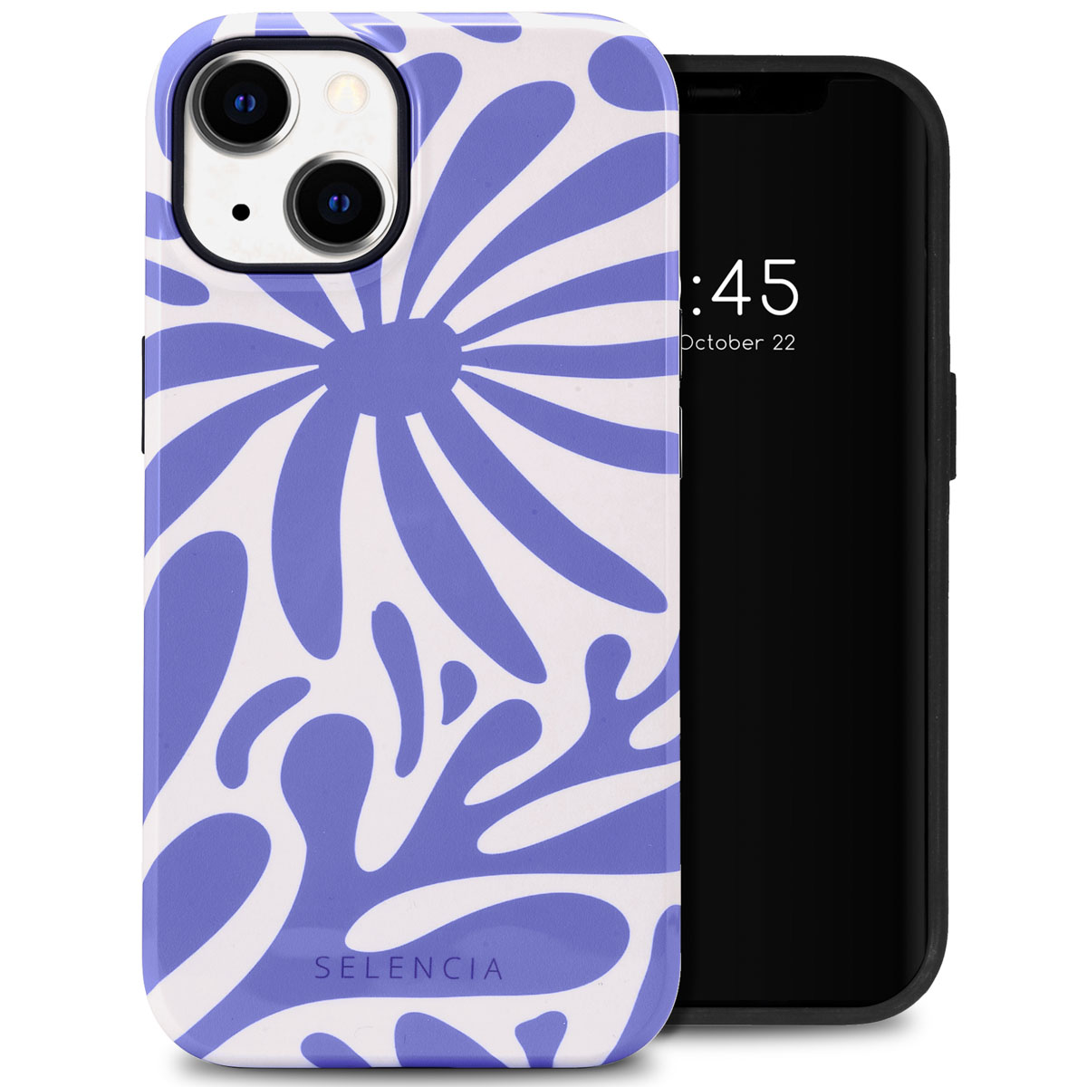 Telefoon in een hoesje. De hoes heeft een bloemenontwerp, wit en paars, en de telefoon wordt weergegeven.