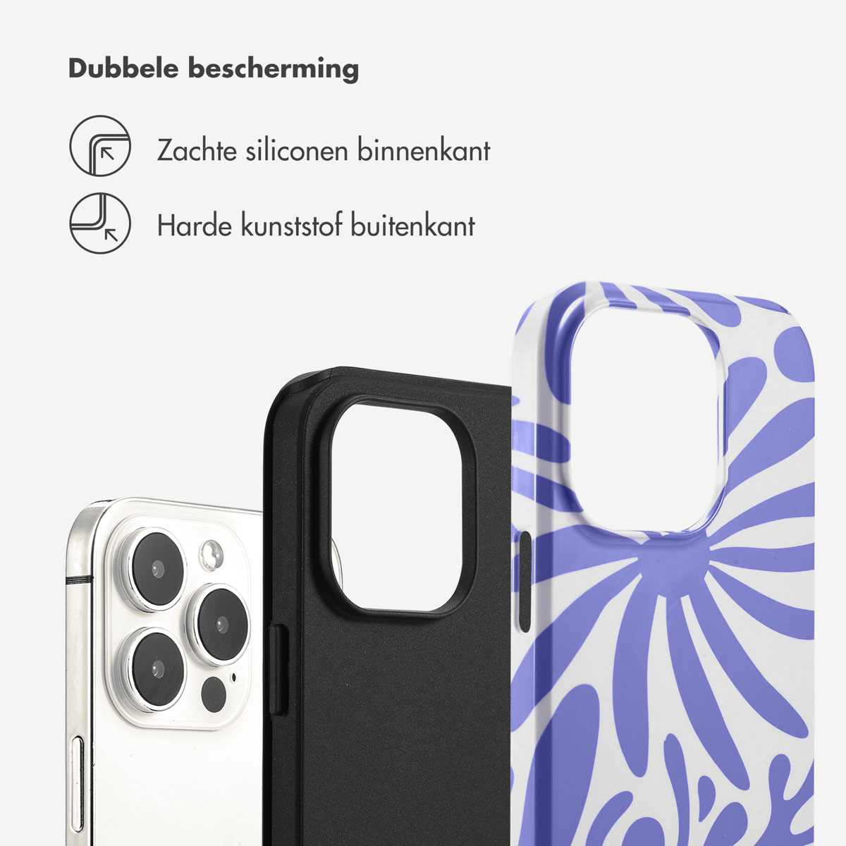 Telefoonhoesje met een bloemenontwerp. De hoes heeft een zwart interieur. De telefoon heeft drie camera's.