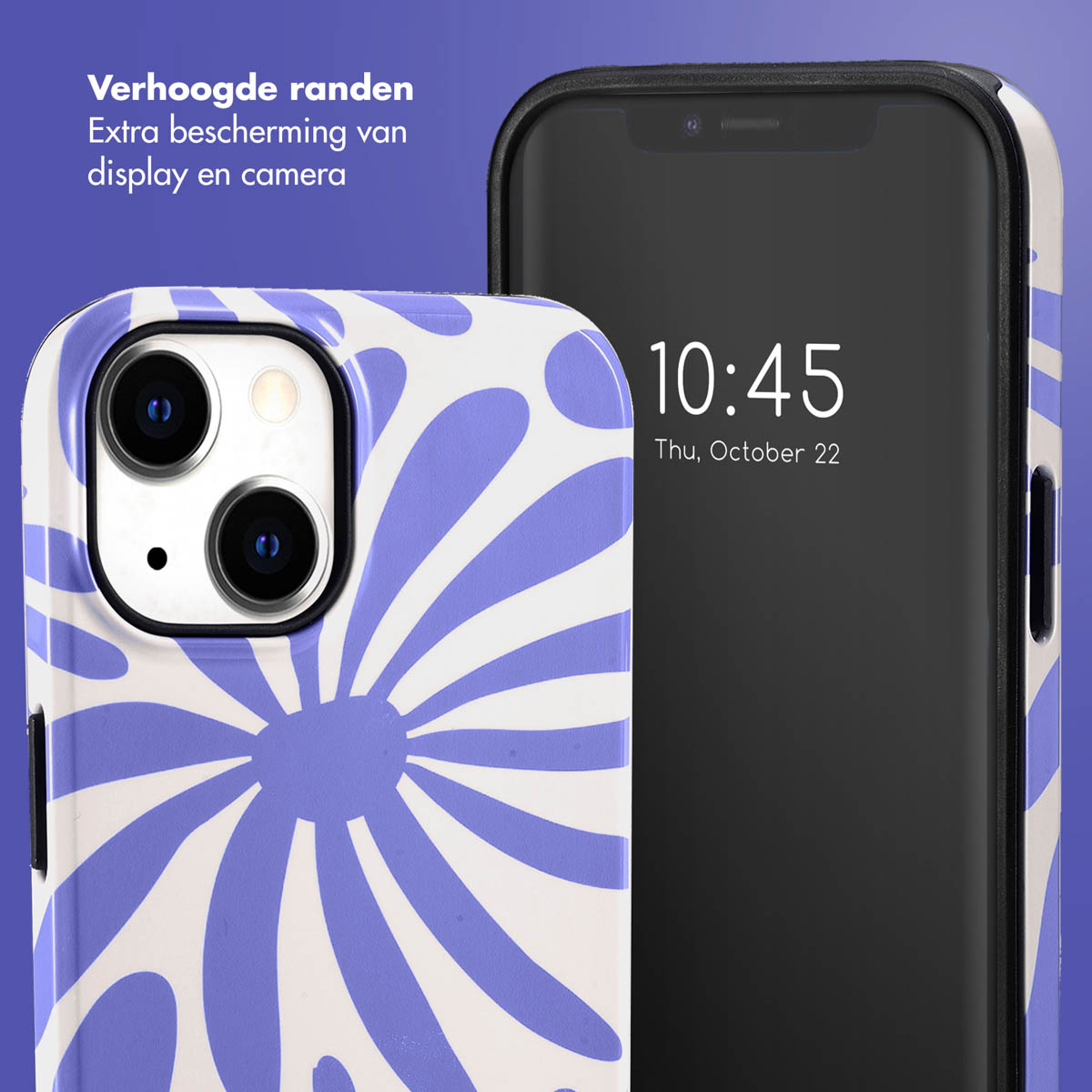 Twee telefoons met hoesjes. Eén hoesje is blauw met witte bloemen, de andere heeft een zwart scherm.