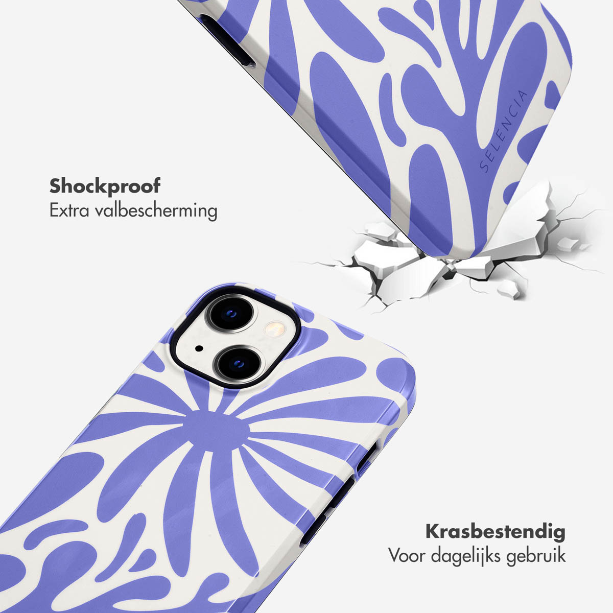 Telefoonhoesje in blauw bloemen design, gevallen, en verbrijzelende grond. Schokbestendig en krasbestendig.
