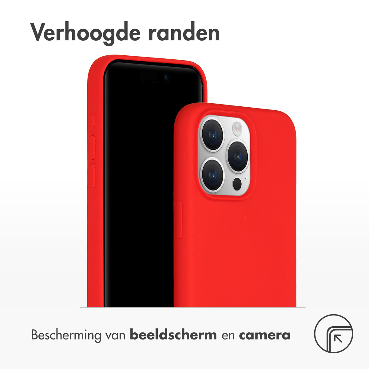 Twee telefoons, een met een rode hoes, de andere zwart. Tekst zegt 'Verhoogde randen', 'Bescherming'.