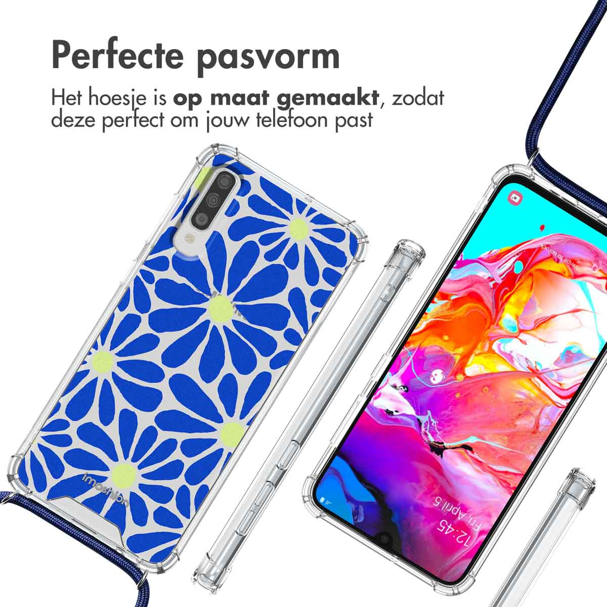 Coque transparente avec motif de fleurs bleues sur un téléphone. Téléphone transparent avec une lanière.