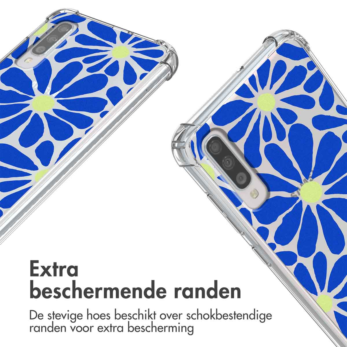 Deux coques de téléphone, transparentes, avec un motif floral bleu. Texte : Extra beschermende randen. Bords protecteurs pour le téléphone.