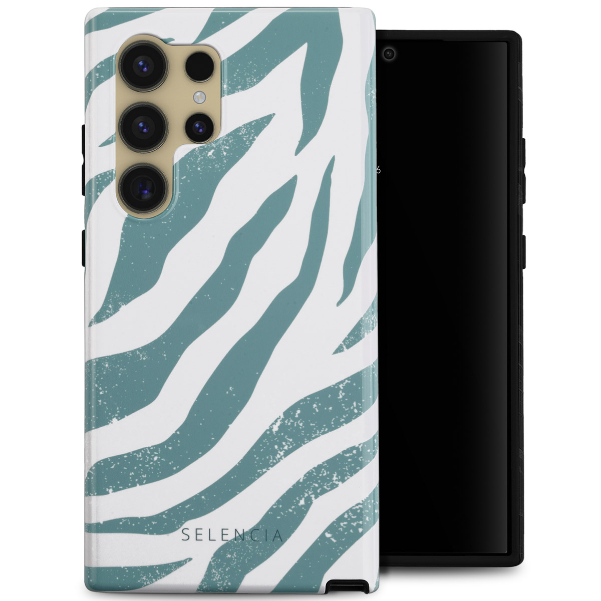 Telefoonhoesje met teal en witte zebra strepen op de achterkant. Telefoon is zwart.