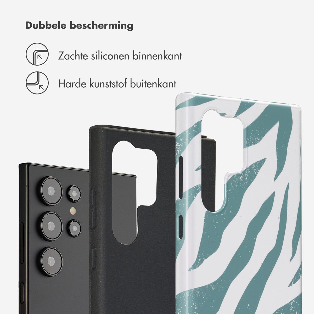 Telefoon en hoesje met een groen en wit zebraprint. Witte achtergrond. Zwarte telefoon.