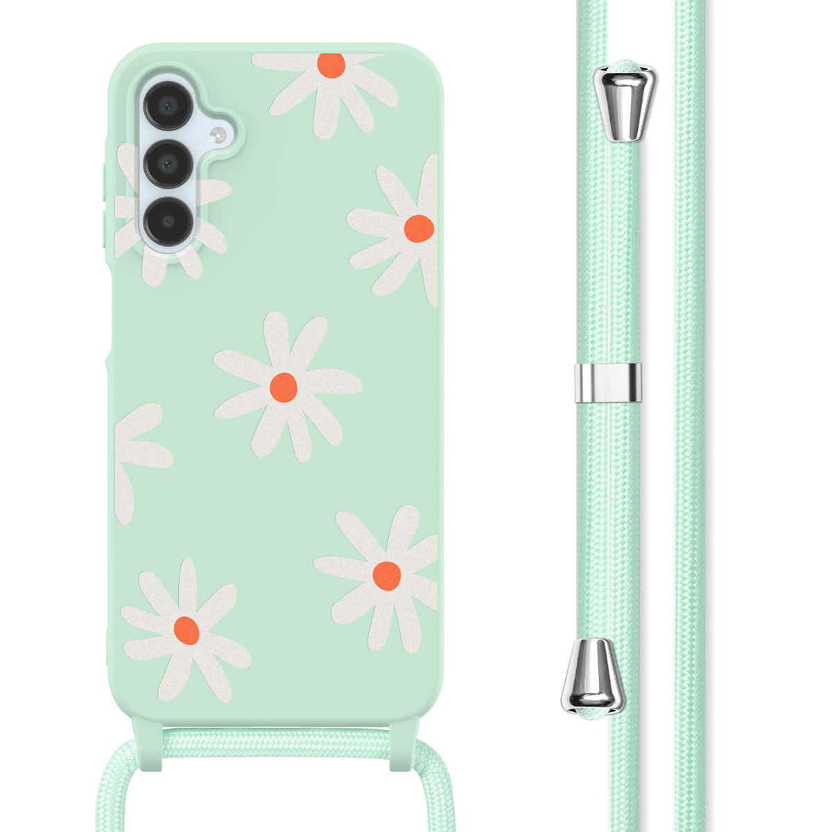 Een mintgroen telefoonhoesje met madeliefjespatroon en een bijpassende telefoonriem.
