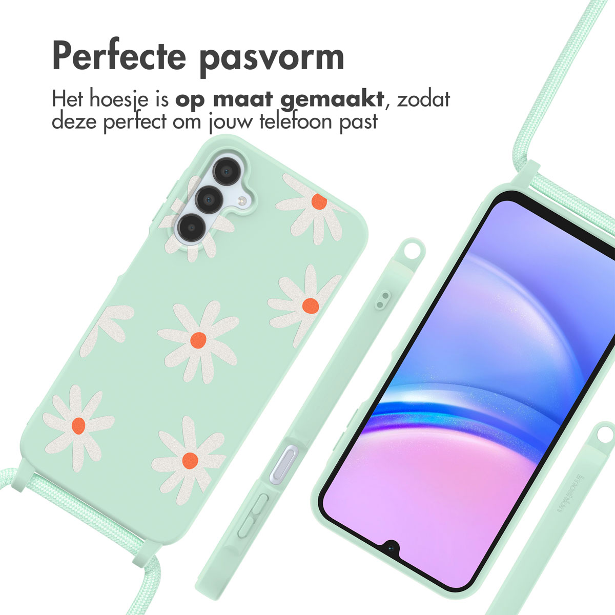 Groene telefoonhoes met wit madeliefpatroon, naast telefoon met scherm. Een koord is bevestigd.