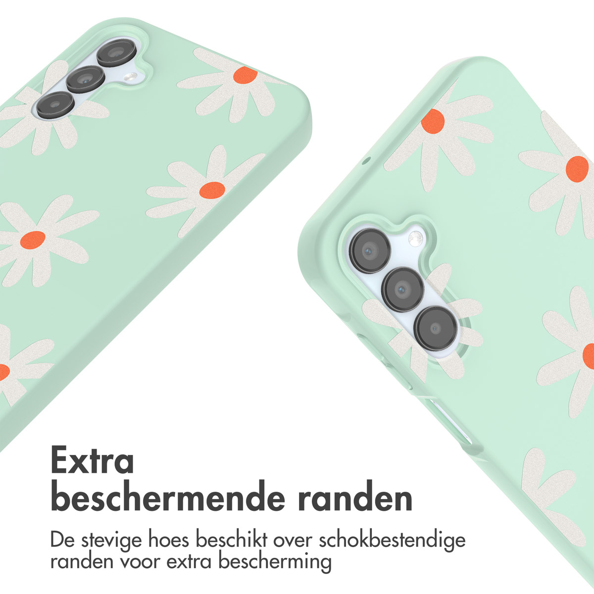 Telefoonhoes met madeliefontwerp. Tekst: Extra beschermende randen. Hoes is mintkleurig. De telefoon zit in een hoesje.