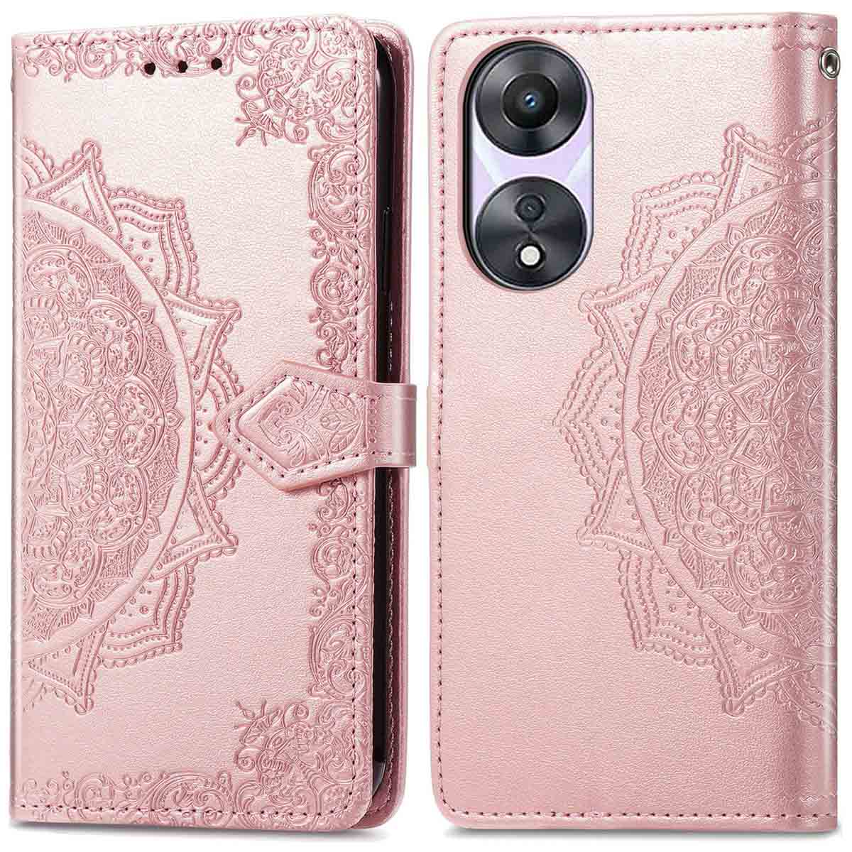 Roze telefoonhoesje met reliëf mandala ontwerp, open om telefoon te tonen, en magnetische sluiting.