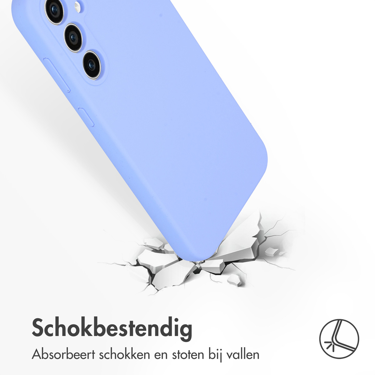 Lichtblauwe telefoonhoes die op een oppervlak valt, barsten veroorzaakt. Tekst: 'Schokbestendig'.