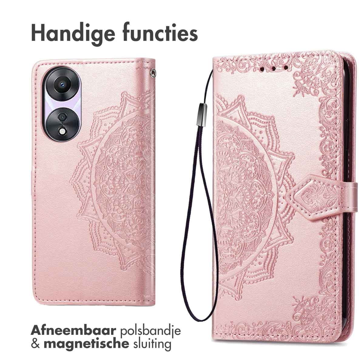 Roze telefoonhoes met mandala-ontwerp en afneembare polsband, met zwarte telefoon.