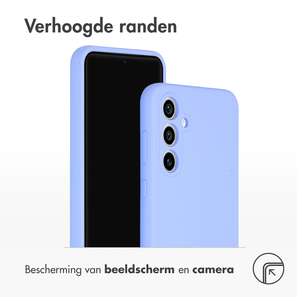 Telefoon in een lichtblauwe hoes. De telefoon staat aan de linkerkant.