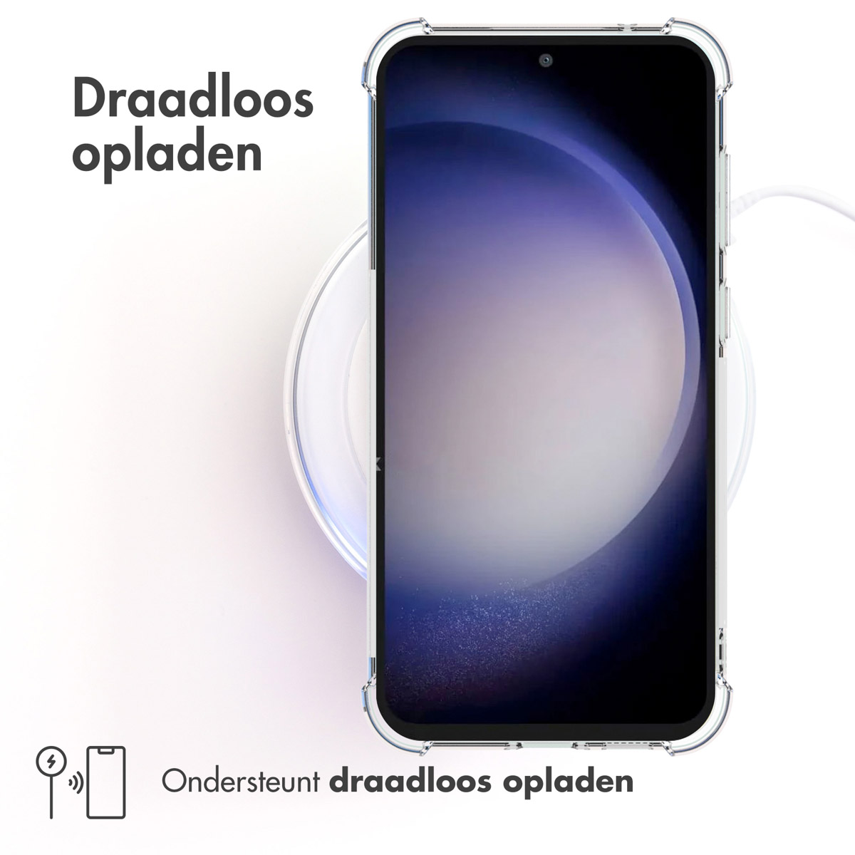Een telefoon in een doorzichtig hoesje op een draadloze oplader. Tekst: 'ondersteunt draadloos opladen'.