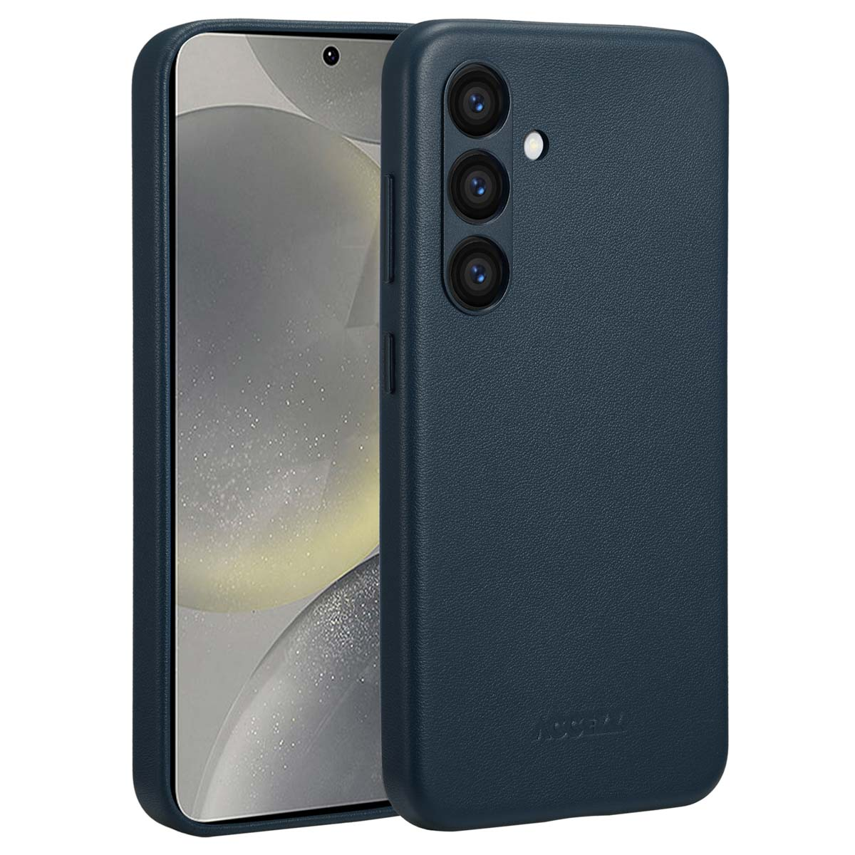 Marineblauwe telefoonhoes met drie camera's. De telefoon zit in de hoes. De hoes heeft een textuur.