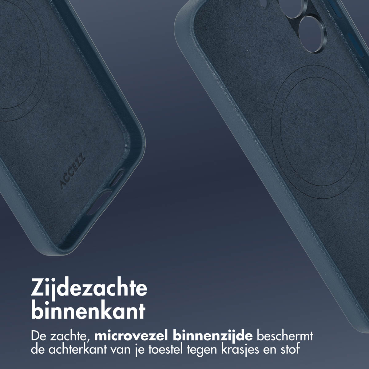 Binnenkant van de telefoonhoes. Zachte microvezel voering beschermt de achterkant tegen krassen en stof.