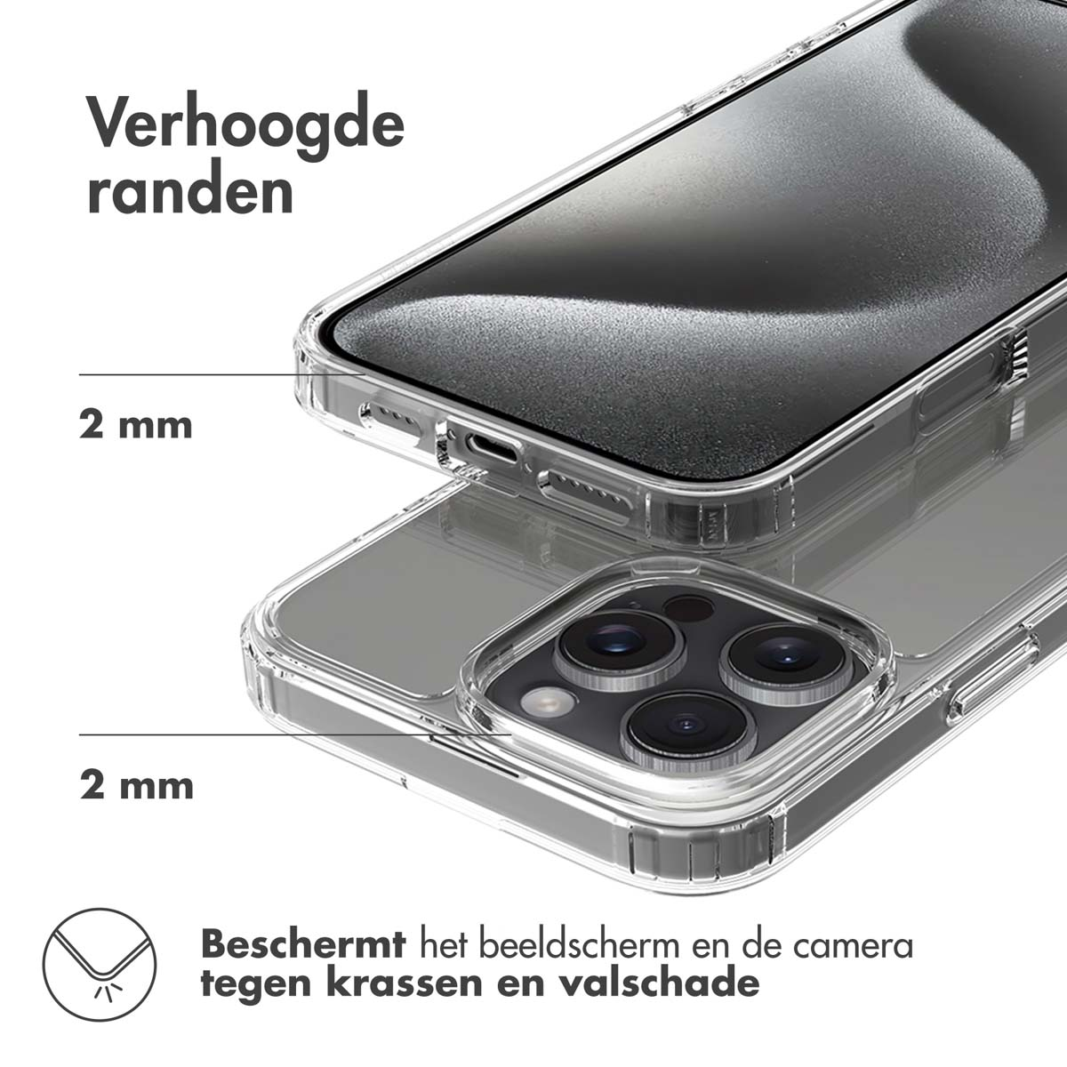 Deux coques transparentes, une sur l'autre. Bords surélevés, téléphone à l'intérieur.