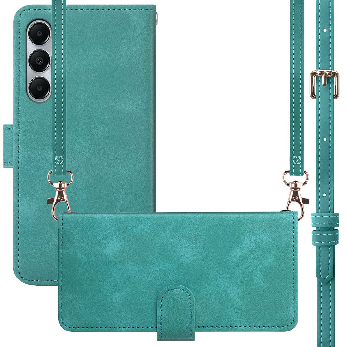 Étui de téléphone vert d'eau avec une sangle assortie, un style portefeuille et une bandoulière, avec fermoir.